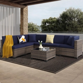 7 Piece Outdoor Patio Furniture Set, Outdoor Sectional Furniture, Rattan Chairs Glass Table Wicker Conversation Seating Sectional Sofa with Cushions (A-Brown-Navy, A-Straight Back)