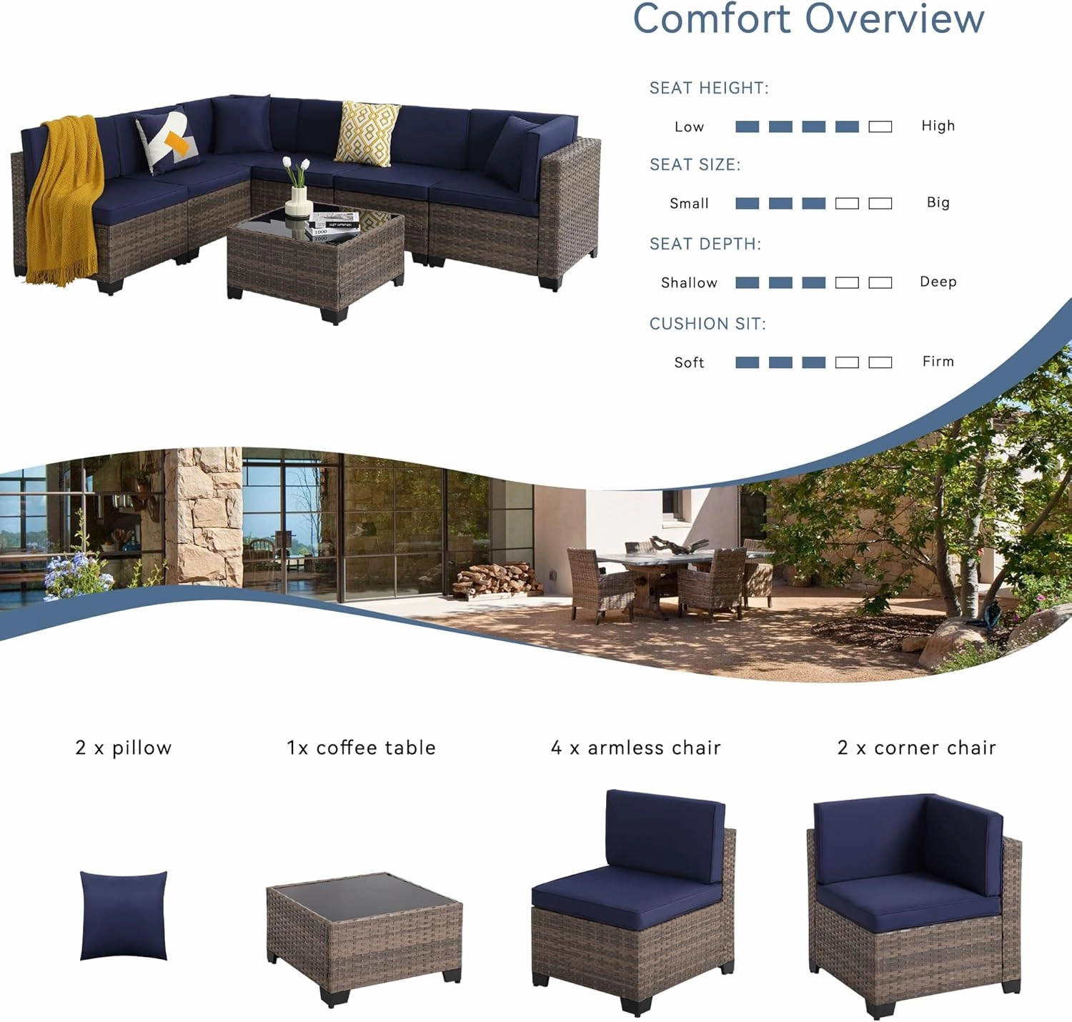 7 Piece Outdoor Patio Furniture Set, Outdoor Sectional Furniture, Rattan Chairs Glass Table Wicker Conversation Seating Sectional Sofa with Cushions (A-Brown-Navy, A-Straight Back)