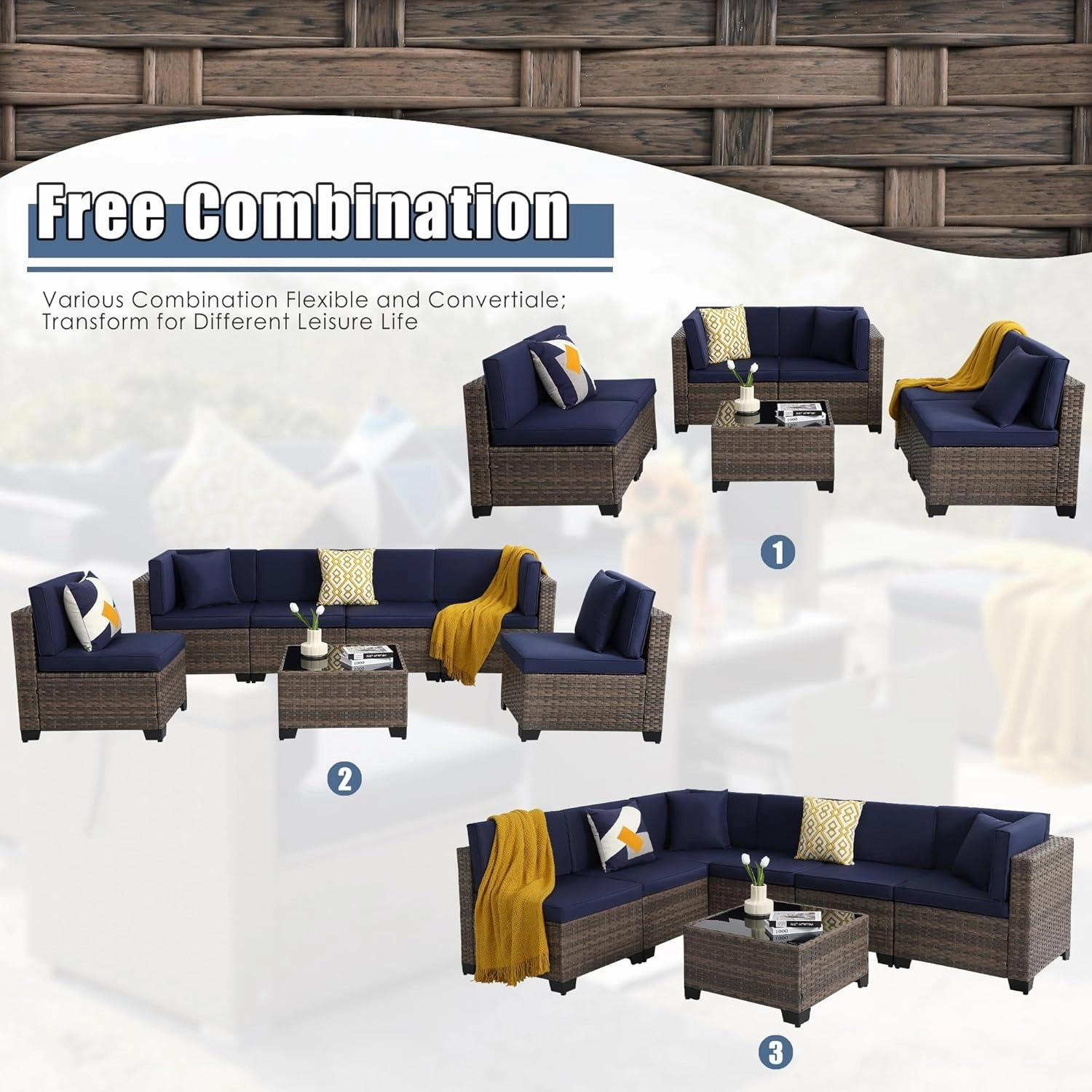 7 Piece Outdoor Patio Furniture Set, Outdoor Sectional Furniture, Rattan Chairs Glass Table Wicker Conversation Seating Sectional Sofa with Cushions (A-Brown-Navy, A-Straight Back)