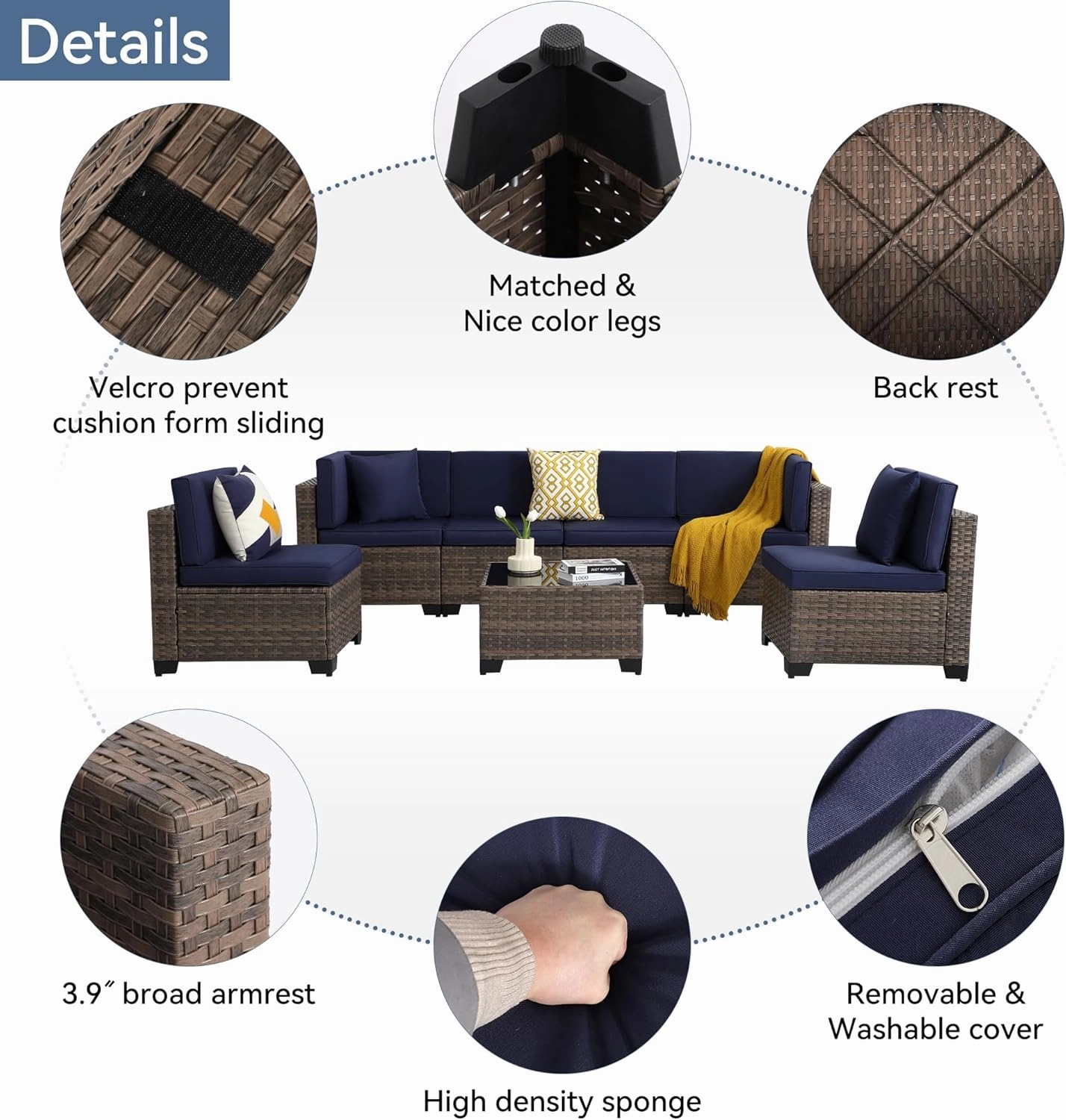 7 Piece Outdoor Patio Furniture Set, Outdoor Sectional Furniture, Rattan Chairs Glass Table Wicker Conversation Seating Sectional Sofa with Cushions (A-Brown-Navy, A-Straight Back)