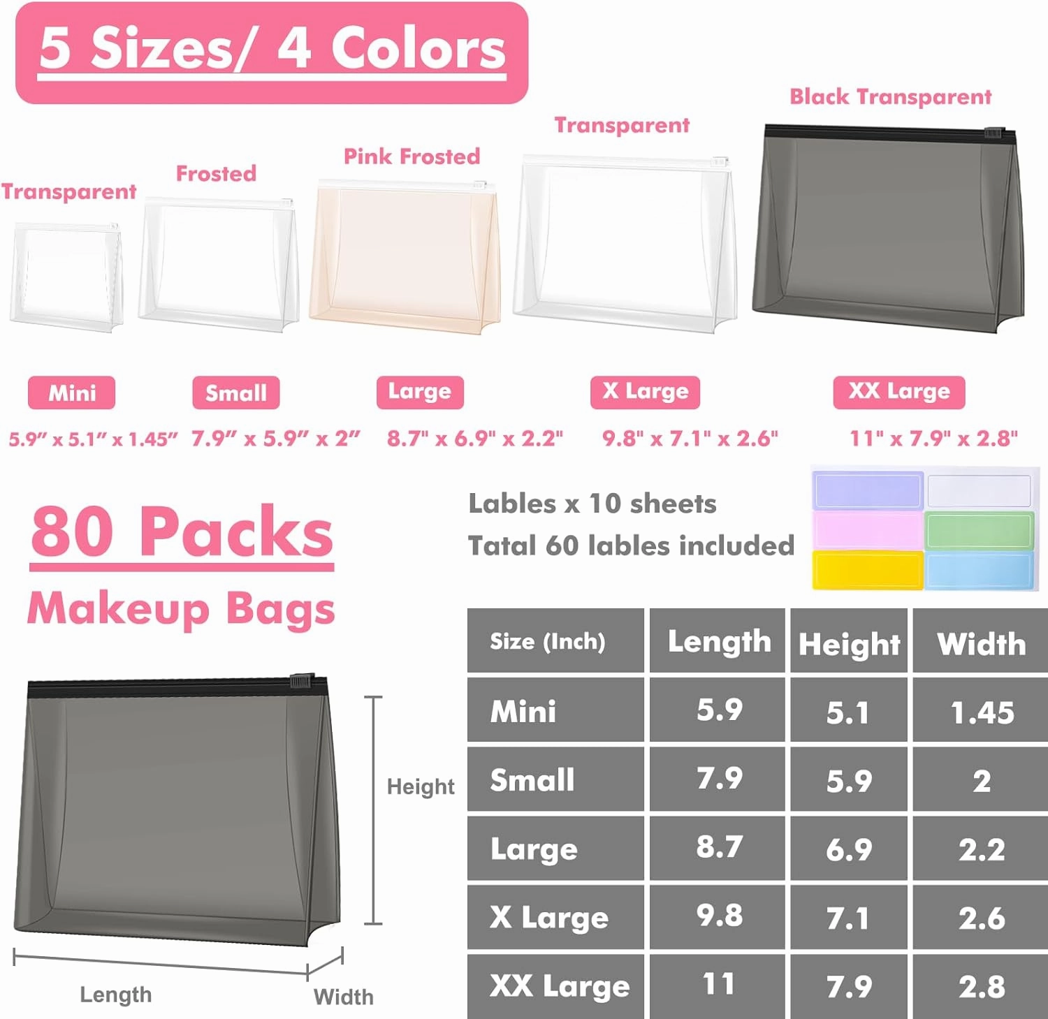 80 Pack Mini Clear Makeup Bag Organizer Cosmetic Zipper Pouch Small Travel Pouches for Toiletries Transparent EVA Reusable Wash Bags Waterproof Plastic Clear Gift Bags Bulk, 5.9” x 5.1” x 1.45”