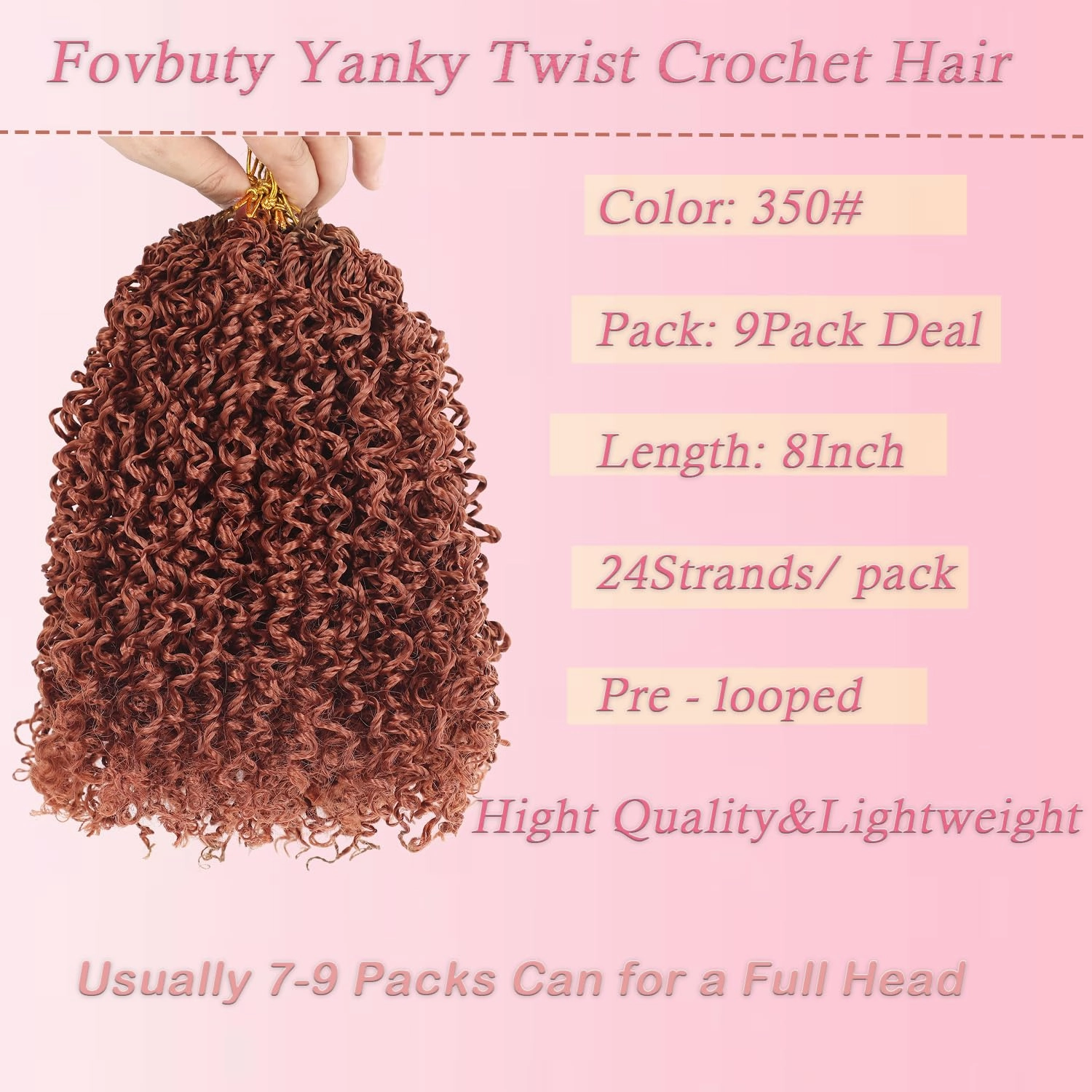 8 Inch Copper Red Pre Looped Yanky Twist Braiding Hair with Curls Fluffy Marlybob Crochet Hair Pre Twisted Short Passion Twist Crochet Braids Synthetic Hair Extensions for Women 350#/9pack
