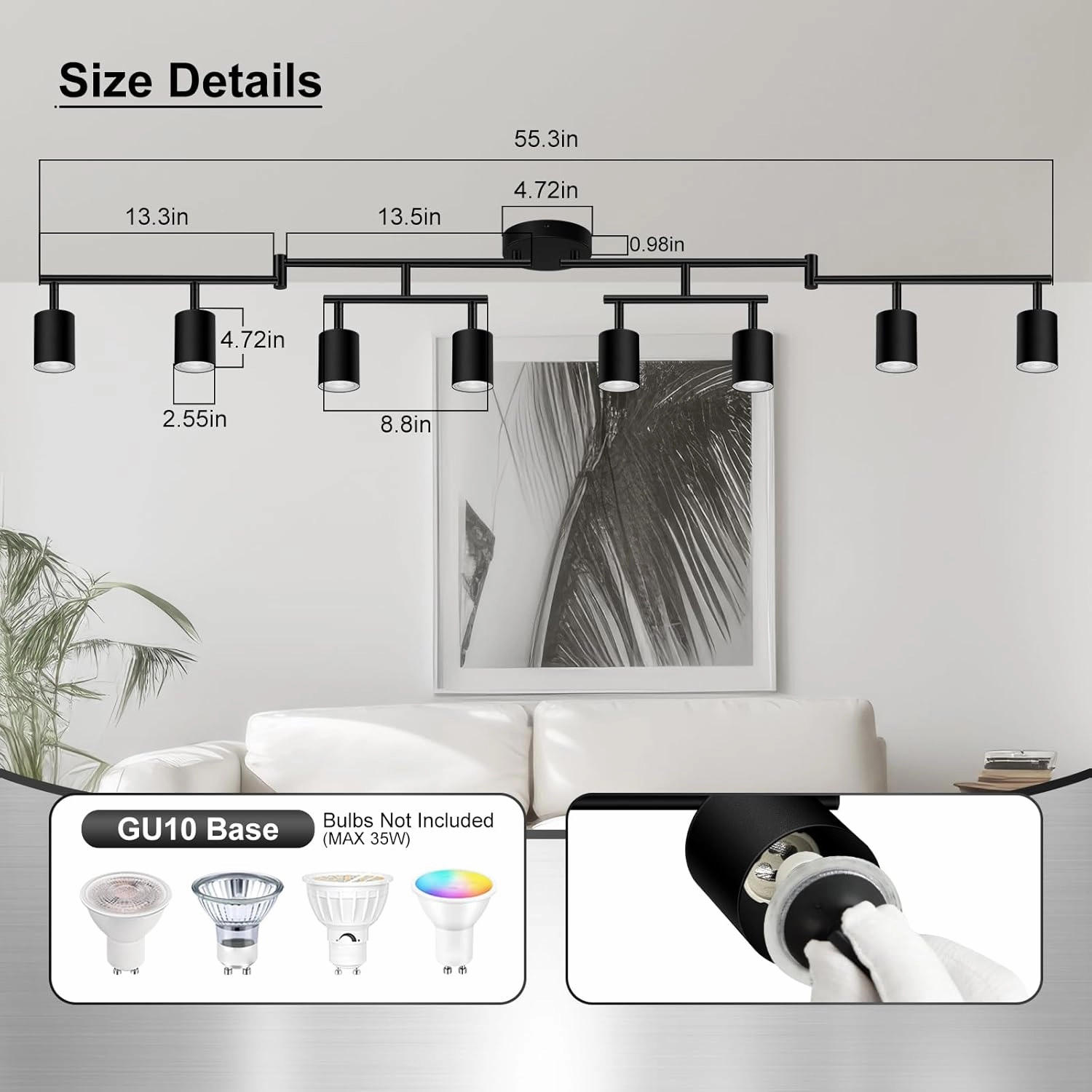 8 Light Track Lighting Fixtures Ceiling, Matte Black Kichen Track Lighting Fixtures, Rotatable Light Heads, Adjustable Modern LED Track Lights for Kitchen/Hallway, No GU10 Bulb