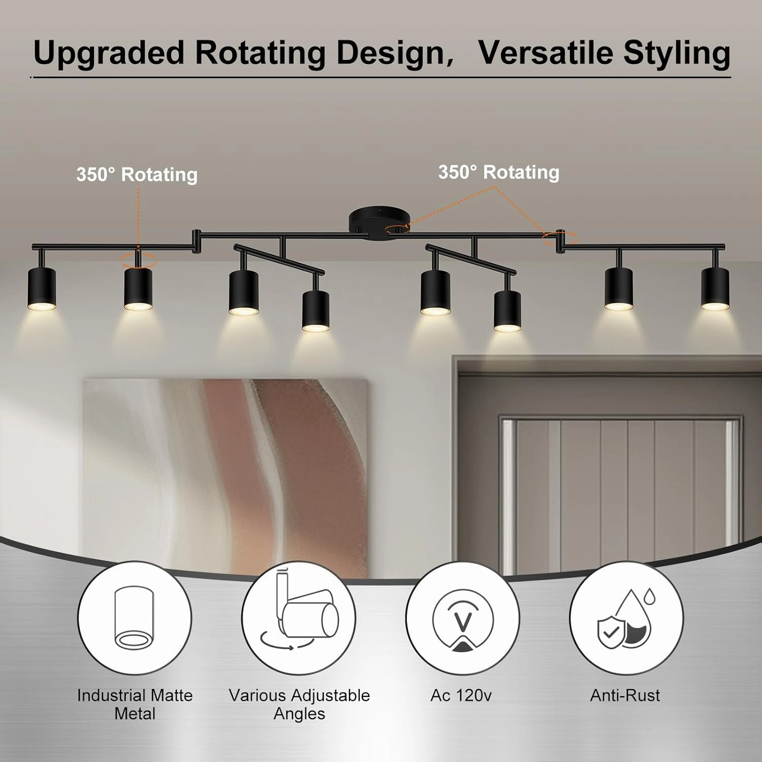 8 Light Track Lighting Fixtures Ceiling, Matte Black Kichen Track Lighting Fixtures, Rotatable Light Heads, Adjustable Modern LED Track Lights for Kitchen/Hallway, No GU10 Bulb