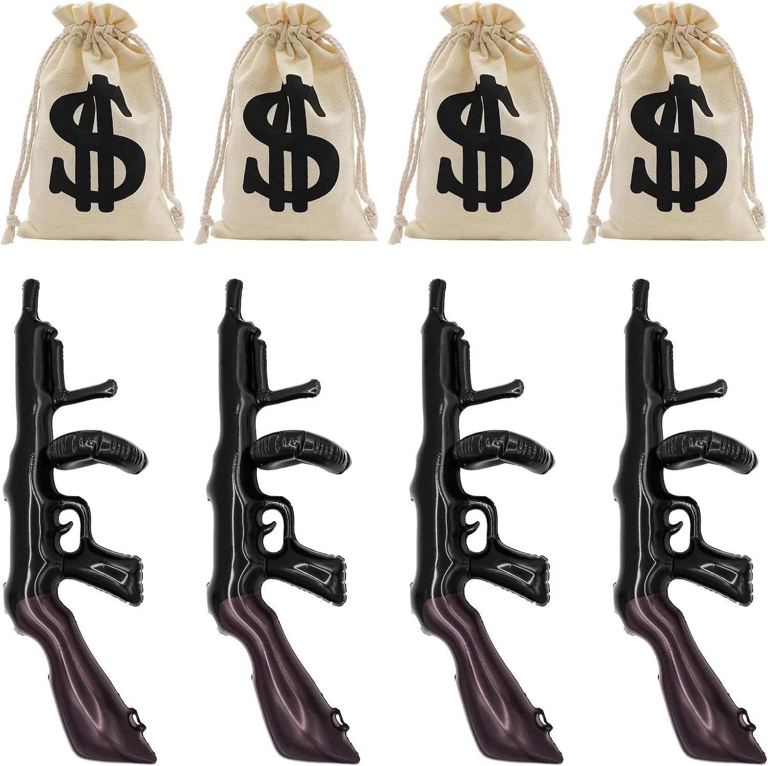 8 Pcs Inflatable Gun Props Canvas Money Bag Pouch Set, yuuzue 4 Pcs Prop Gun and 4 Pcs Money Bags for Party, Inflatable Machine Gun Fake Gun Toys Costume Accessories 1920s Party Decorations Balloons