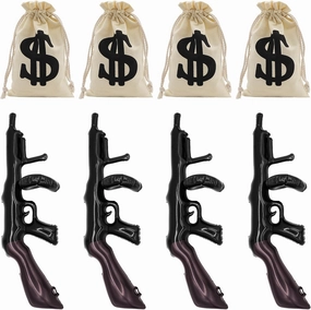 8 Pcs Inflatable Gun Props Canvas Money Bag Pouch Set, yuuzue 4 Pcs Prop Gun and 4 Pcs Money Bags for Party, Inflatable Machine Gun Fake Gun Toys Costume Accessories 1920s Party Decorations Balloons