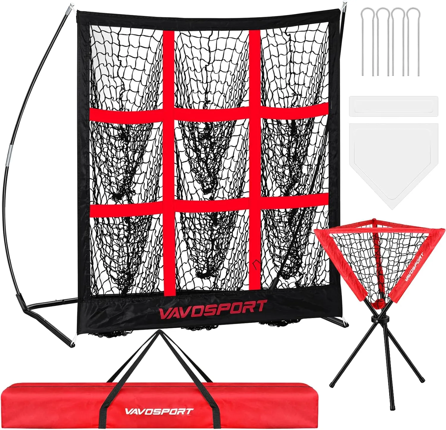 9-Square Pitching Target Net Set - Softball & Baseball Net with Strike Zone, Ball Caddy, Softball Base Accessories, Adult & Youth Training Equipment