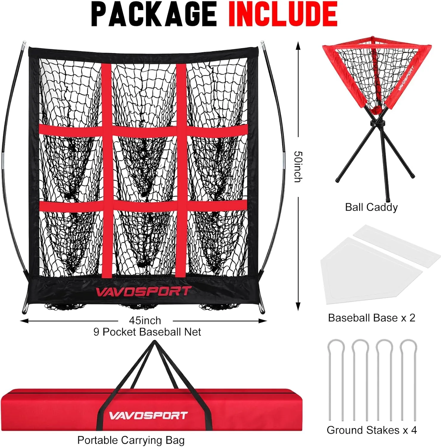 9-Square Pitching Target Net Set - Softball & Baseball Net with Strike Zone, Ball Caddy, Softball Base Accessories, Adult & Youth Training Equipment