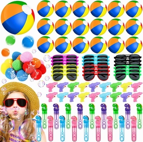 90 Pcs Pool Party Beach Party Favors Inflatable Beach Balls Bulk Sunglasses Bubble Wands Water Guns Party Bag Stuffers for Boys and Girls Summer Outdoor Beach Toys Birthday Party Supplies