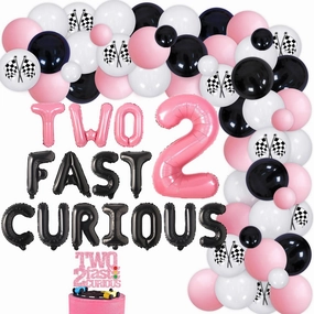 90Pcs Pink Racing Car 2nd Birthday Party Decorations for Girls, TWO FAST CURIOUS 2 Foil Balloons with Pink Black Checkerboard Grid Balloon Garland Kit for Girls 2 Years Old Birthday Decoration