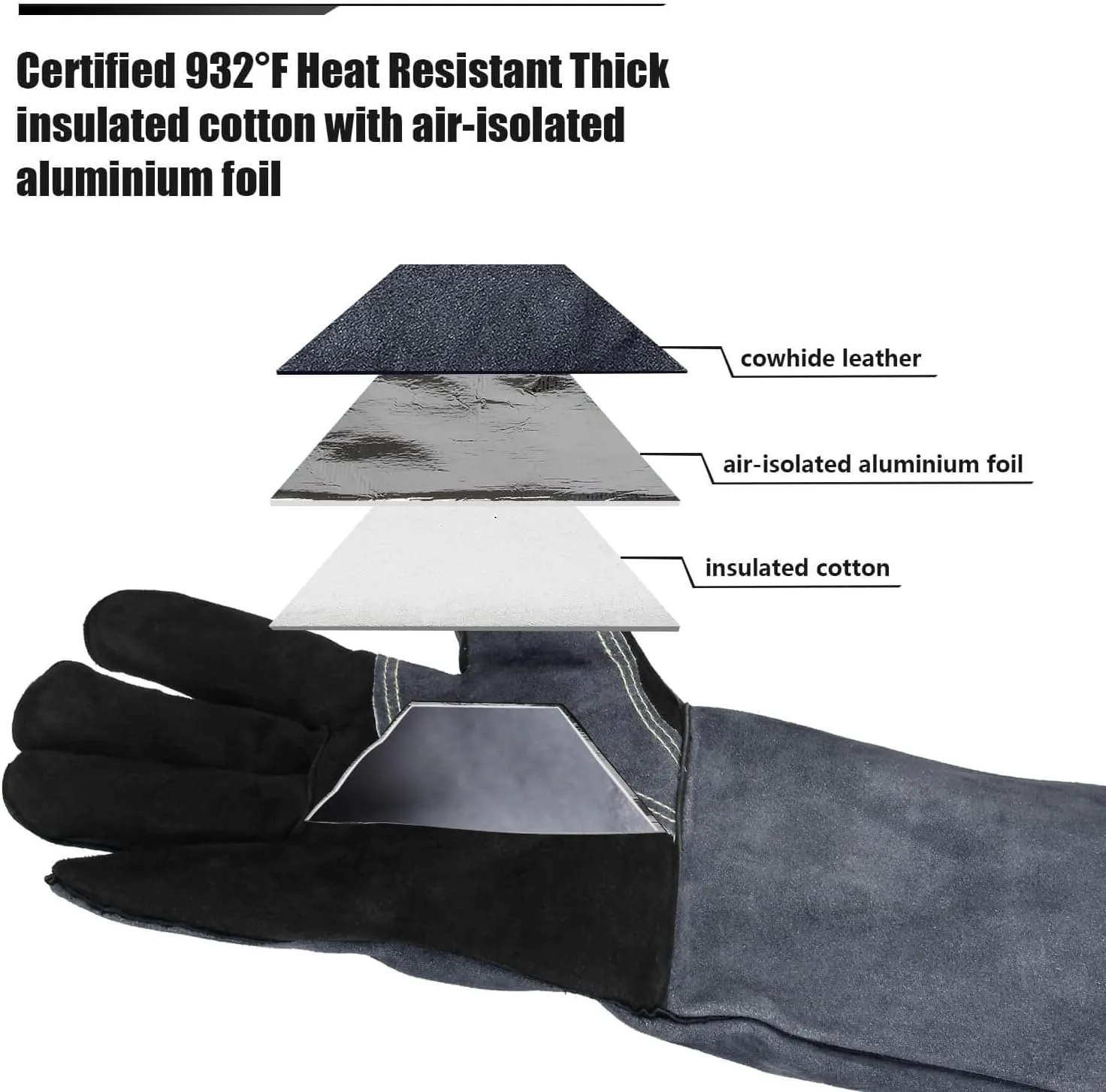 932℉ Grill BBQ Gloves 16-inch Heat Resistant Leather Forge Welding Glove with Flame Retardant Long Sleeve and Insulated Lining for Men and Women Black-Gray