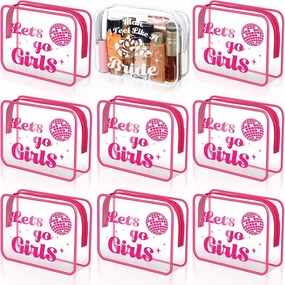 9 Pcs Let's Go Girls Bachelorette Makeup Bags Bride Cosmetic Bags Bridesmaid Gifts Purse PVC Clear Toiletry Purse with Zipper for Women Bachelorette Party Wedding Bridal Shower