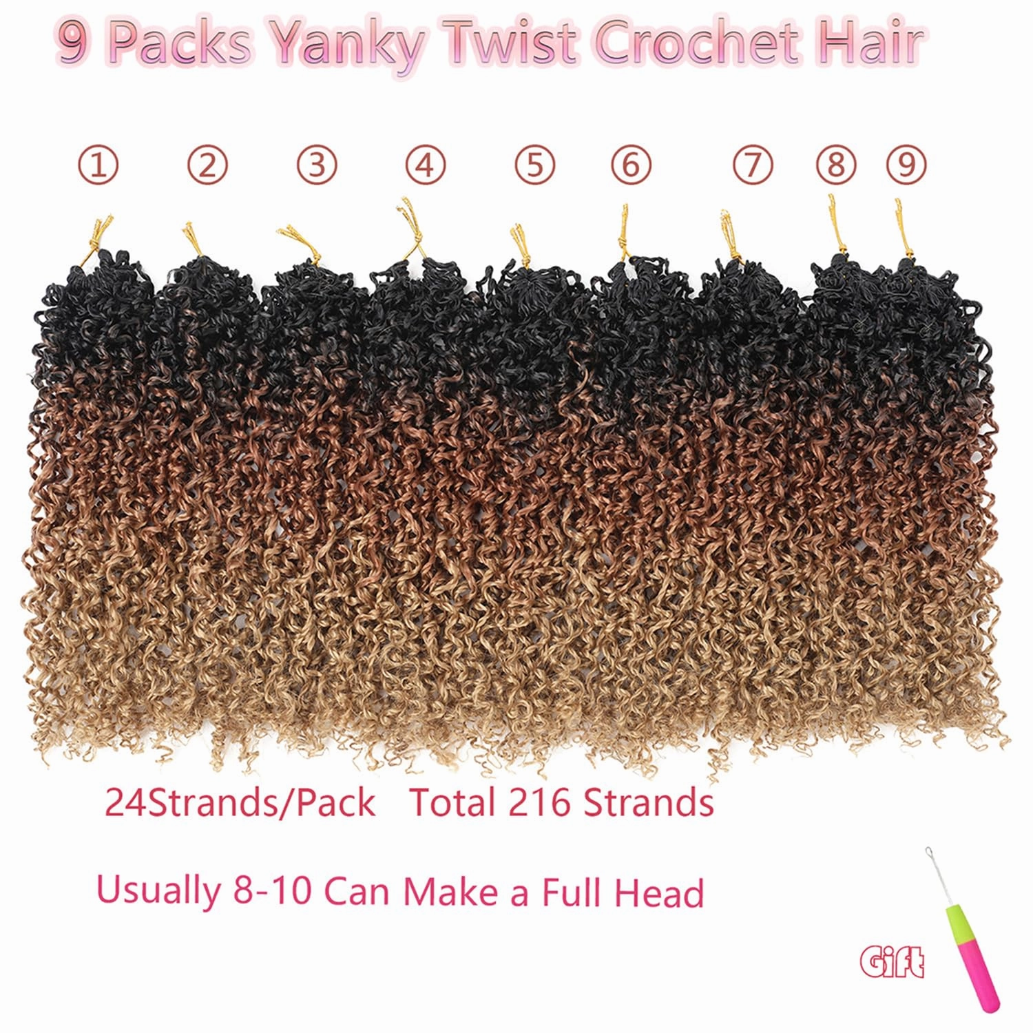 9 PCS Pre-twisted Yanky Twists Synthetic Crochet Braiding Hair 8 Inch Ombre Brown to Blonde Pre Looped Spring Twists Hair Short Water Wave Passion Twists Crochet Hair with Curls 1B/30/27#