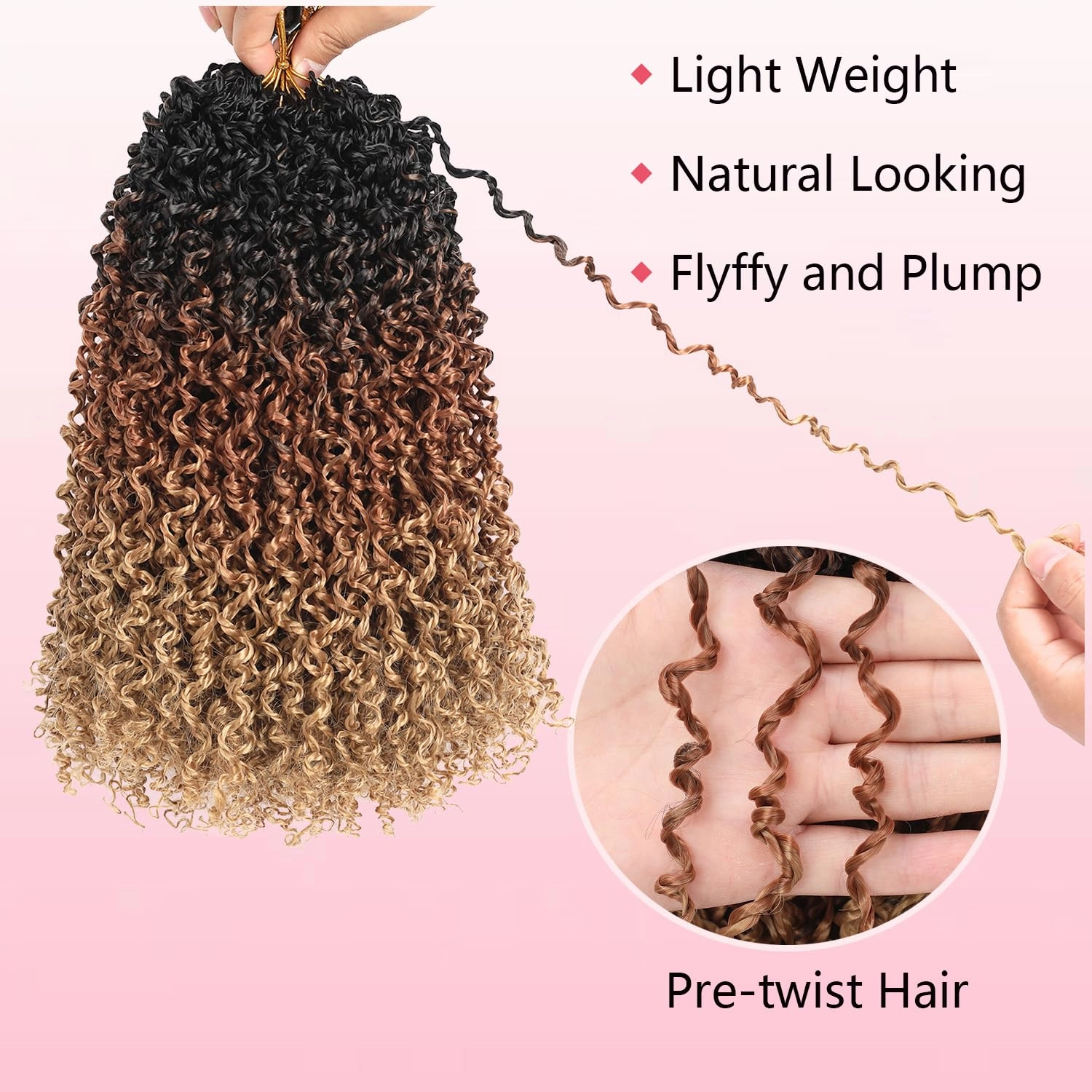 9 PCS Pre-twisted Yanky Twists Synthetic Crochet Braiding Hair 8 Inch Ombre Brown to Blonde Pre Looped Spring Twists Hair Short Water Wave Passion Twists Crochet Hair with Curls 1B/30/27#
