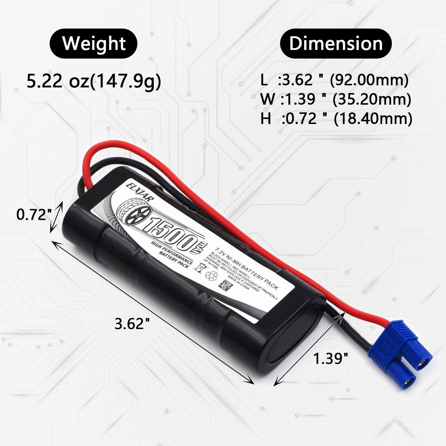 (2-Pack) 7.4V 1300mAh 6-Cell NiMH Rechargeable Battery with EC3 Connector, Compatible with Mini RC Cars, High-Performance Vehicles, and Racing Models, DYNB2473