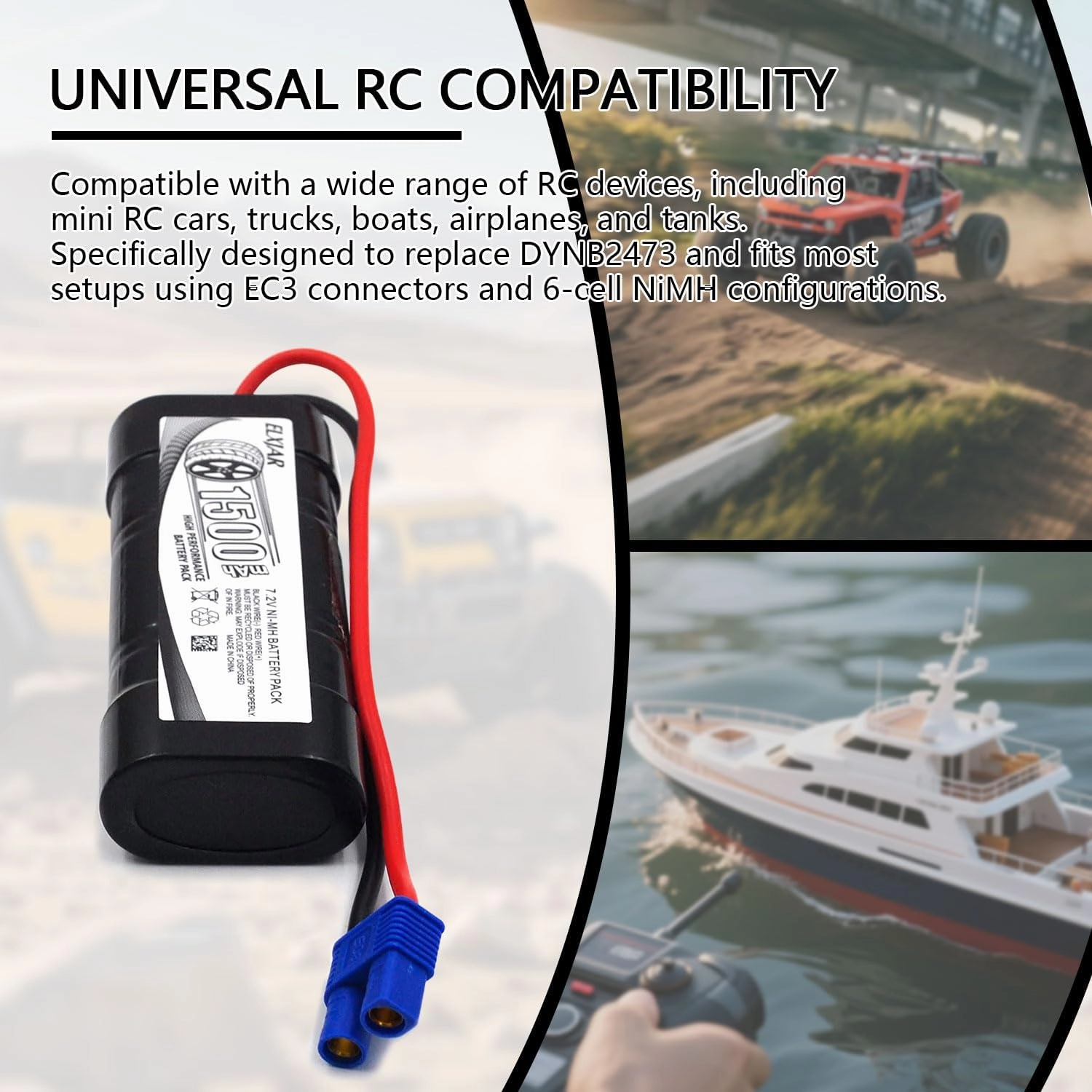 (2-Pack) 7.4V 1300mAh 6-Cell NiMH Rechargeable Battery with EC3 Connector, Compatible with Mini RC Cars, High-Performance Vehicles, and Racing Models, DYNB2473