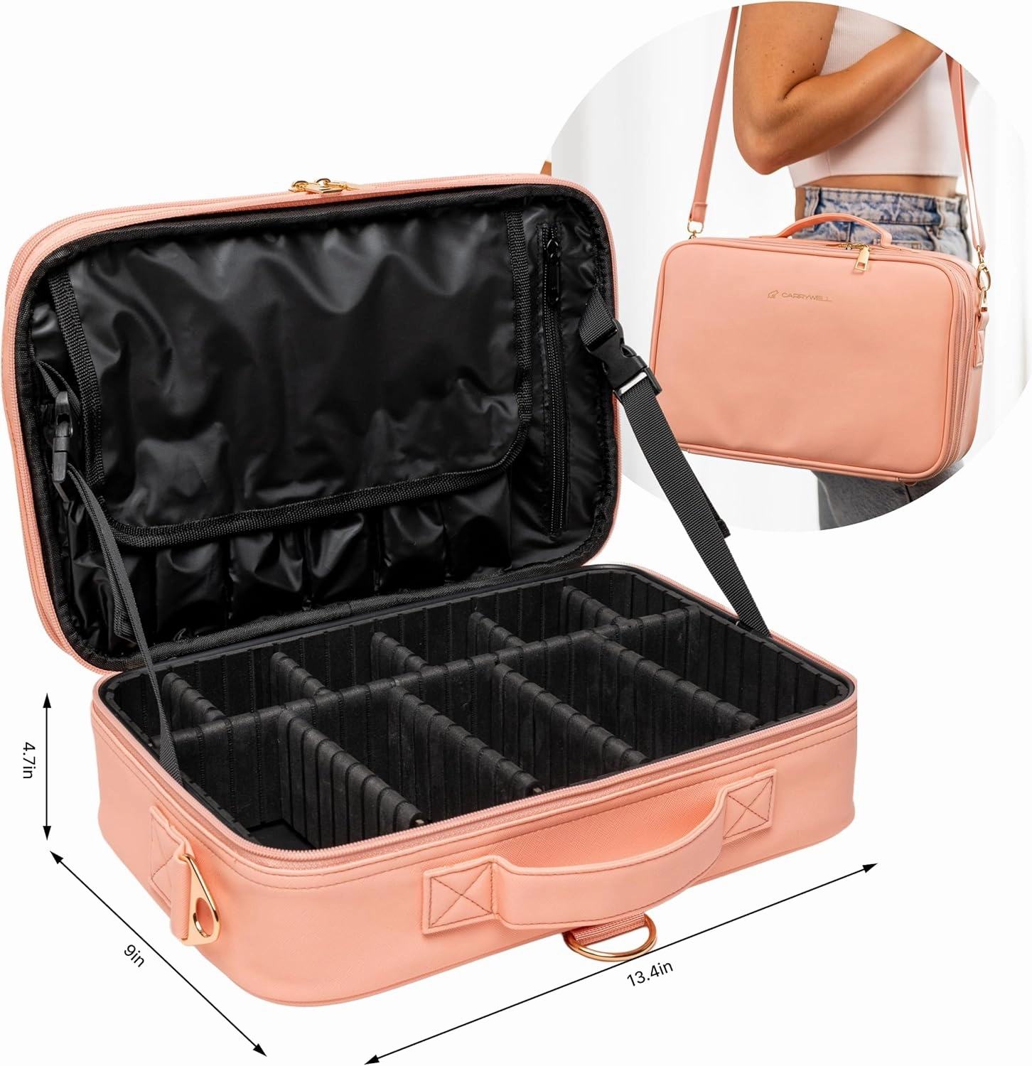 |Not Made In China| Makeup Bag Travel Case, Train Case for Cosmetics, Portable Beauty Organizer, Cosmetic Storage Bag With Adjustable Dividers For Make Up and Brushes