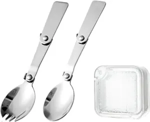 A,Bafnsiji Foldable Fork and Spoon Set, 2pcs Portable Folding Spoon and Fork Set With Plastic Storage Case, Camping Picnic Utensil Travel Cutlery Set
