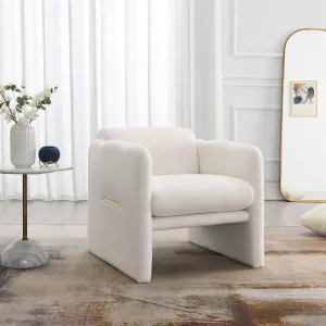 Accent Arm Chair with Waved Arms and Metal Decoration, Teddy Fabric, Modern Design, White