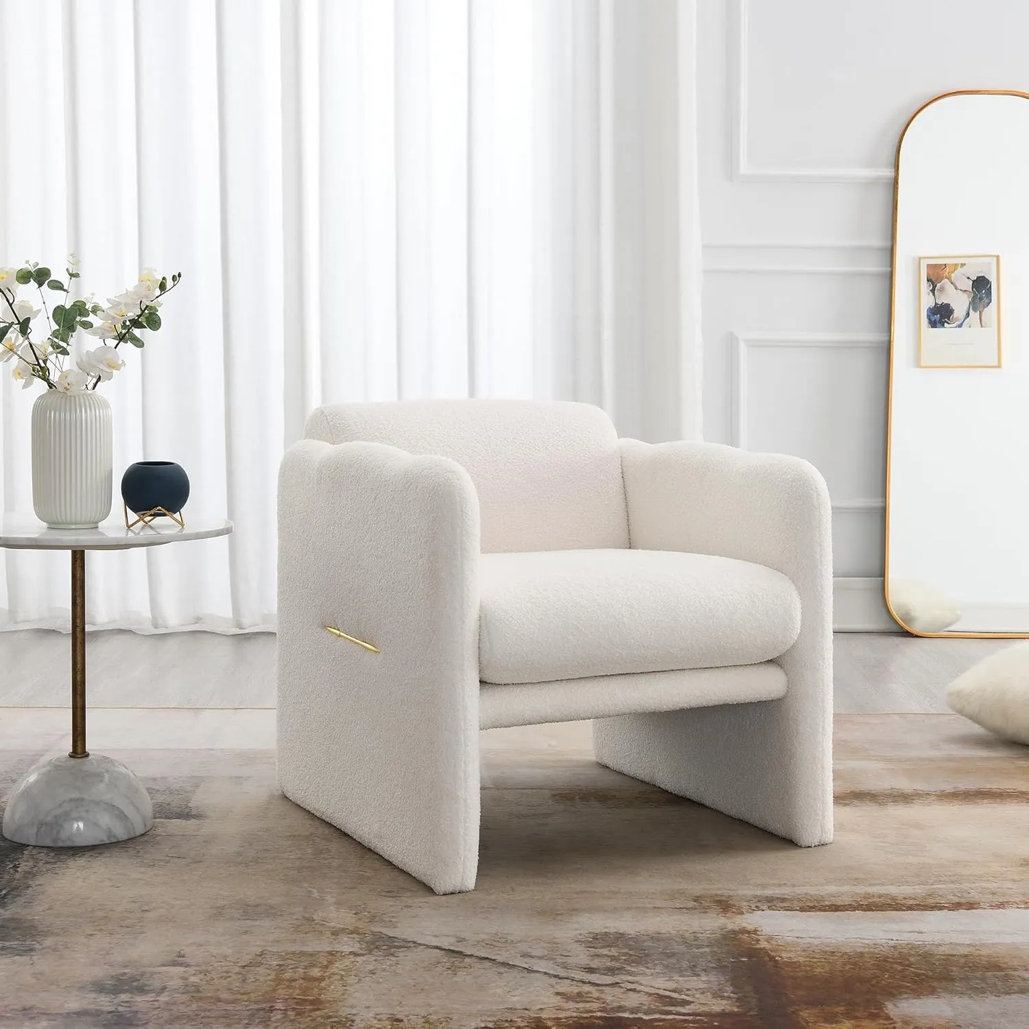 Accent Arm Chair with Waved Arms and Metal Decoration, Teddy Fabric, Modern Design, White