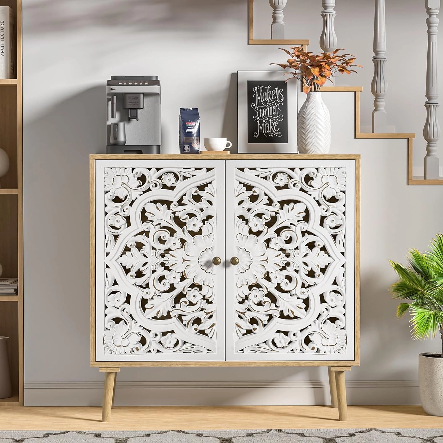 Accent Cabinet with 2 Doors, Carved Cabinet Decorative Sideboard Storage with Adjustable Shelf, Entryway Cabinets for Kitchen with Storage Credenza