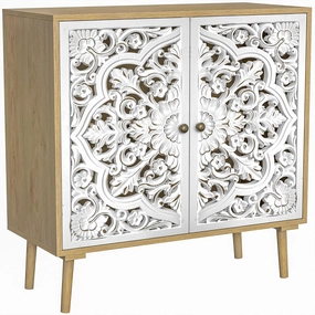Accent Cabinet with 2 Doors, Carved Cabinet Decorative Sideboard Storage with Adjustable Shelf, Entryway Cabinets for Kitchen with Storage Credenza