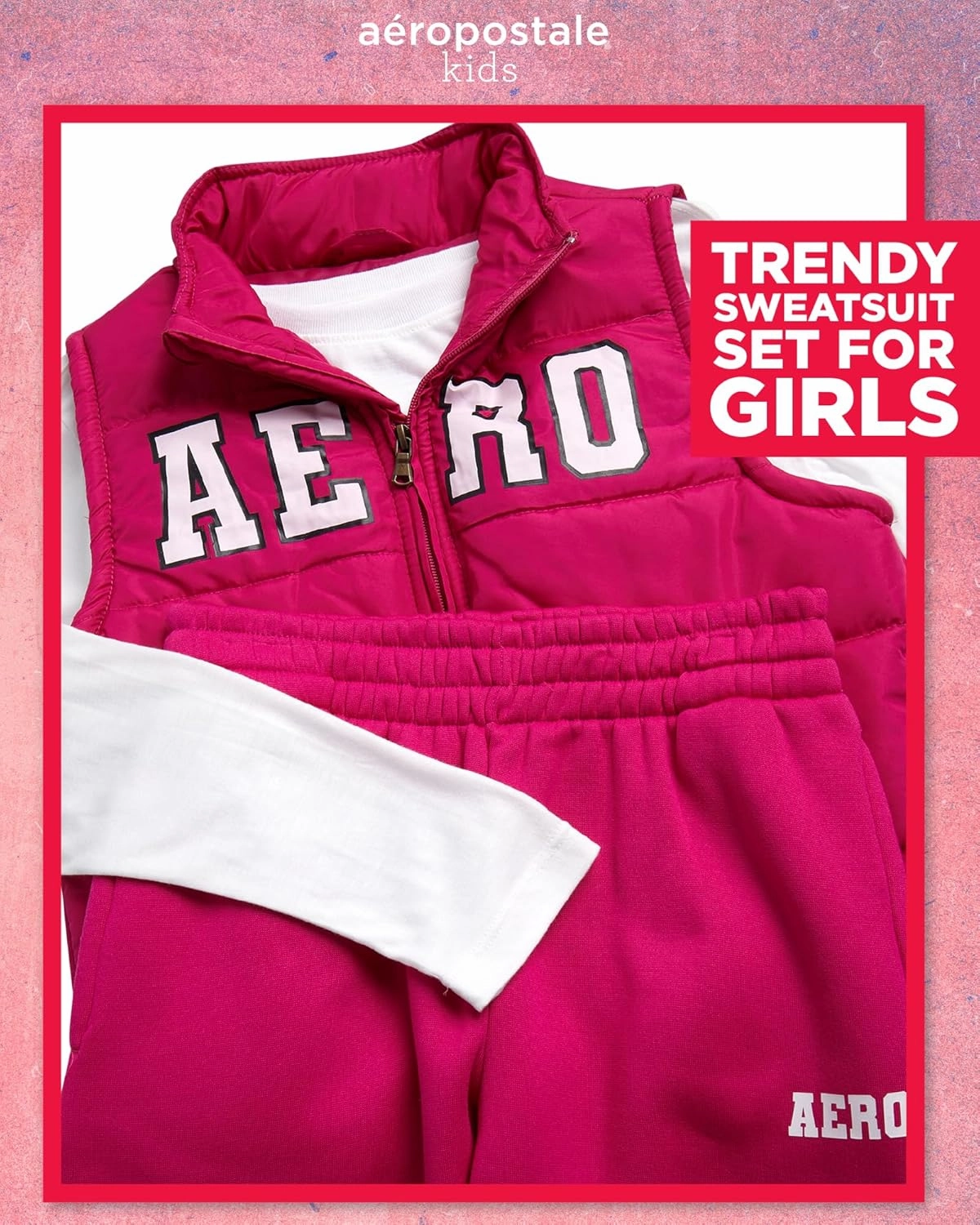 AEROPOSTALE Girls' Jogger Set - 3 Piece Girls Long Sleeve Shirt, Puffer Vest and Jogger Pants with Applique Patches (4-12)