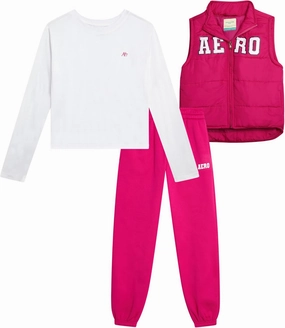 AEROPOSTALE Girls' Jogger Set - 3 Piece Girls Long Sleeve Shirt, Puffer Vest and Jogger Pants with Applique Patches (4-12)