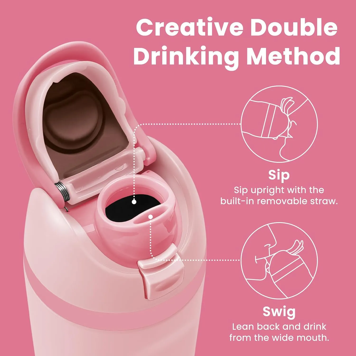 AFXGUSD 20oz Sleek Insulated Water Bottle with Reusable Straw, Fits in Car Cup Holder, Lightweight & Leakproof Stainless Steel Water Bottles for Home/Office/Travel/Sports/School, Pink