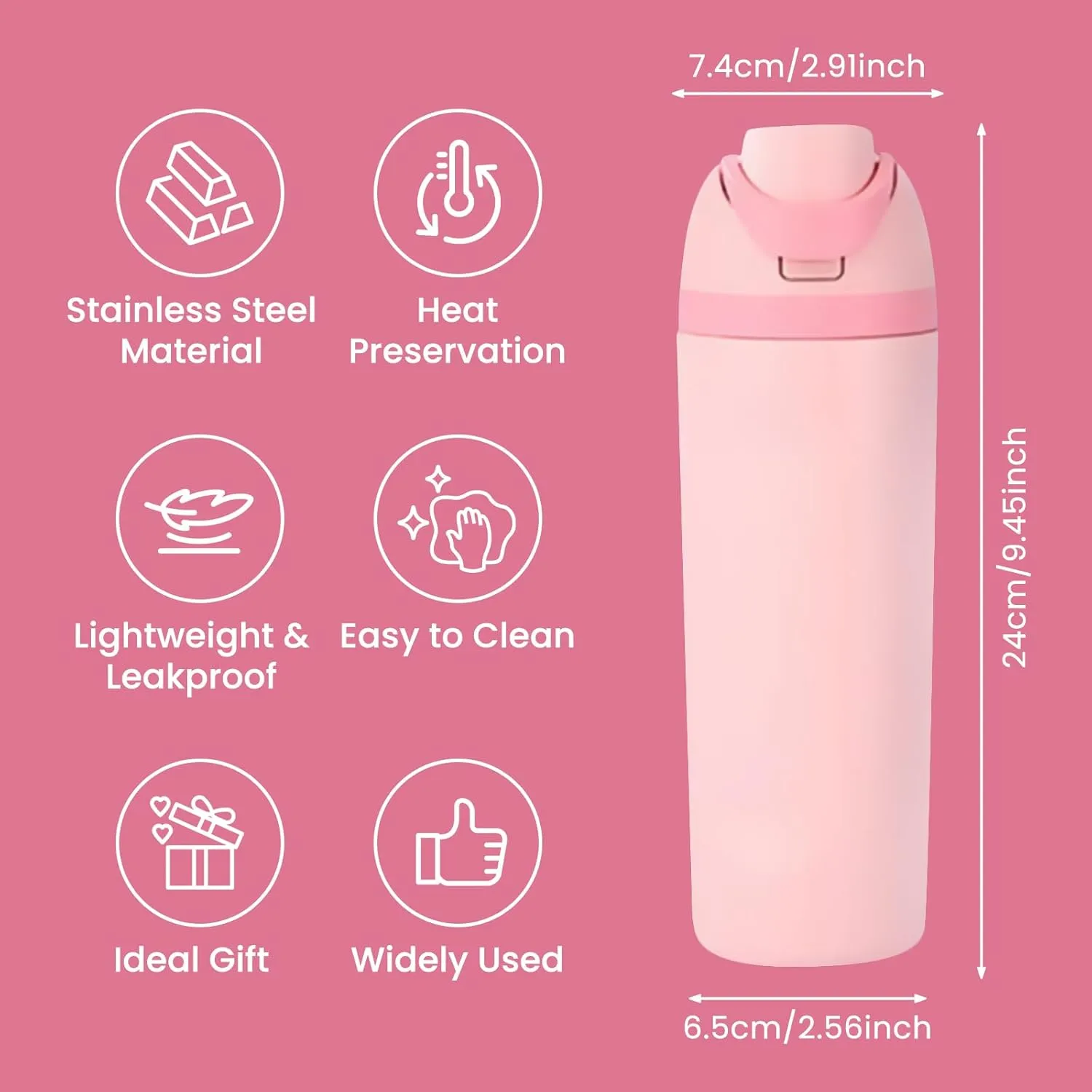 AFXGUSD 20oz Sleek Insulated Water Bottle with Reusable Straw, Fits in Car Cup Holder, Lightweight & Leakproof Stainless Steel Water Bottles for Home/Office/Travel/Sports/School, Pink