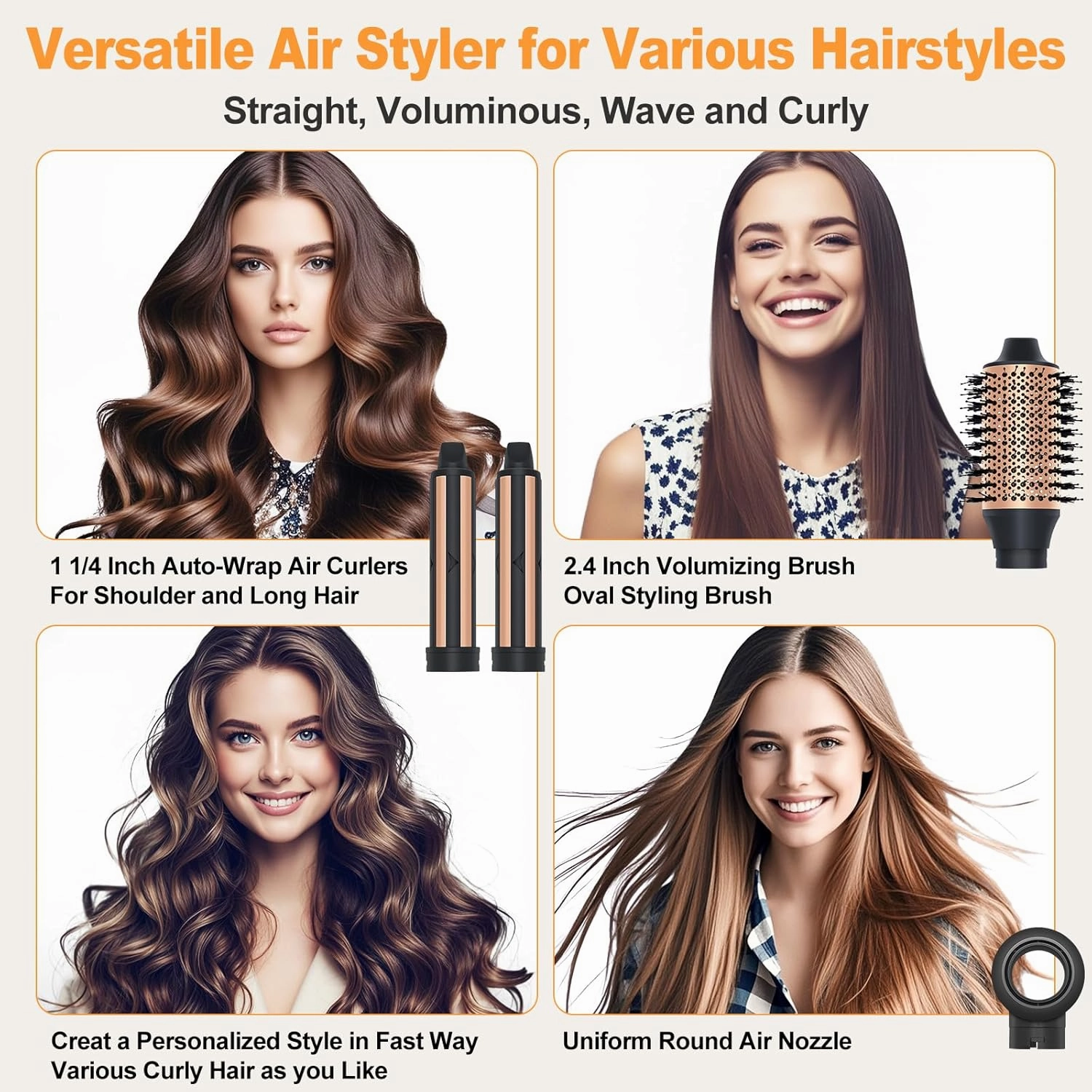 Air Styler Hair Dryer Brush - 110,000 RPM Flexible Hair Styler for Fast Drying/Rotating Curling/Volumizing/Straightening Auto Wrap Curlers, High-Speed Oval Blow Brush Hair Dryer (Black-Golden)