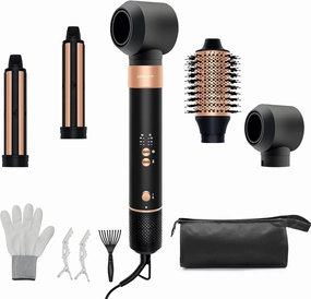 Air Styler Hair Dryer Brush - 110,000 RPM Flexible Hair Styler for Fast Drying/Rotating Curling/Volumizing/Straightening Auto Wrap Curlers, High-Speed Oval Blow Brush Hair Dryer (Black-Golden)