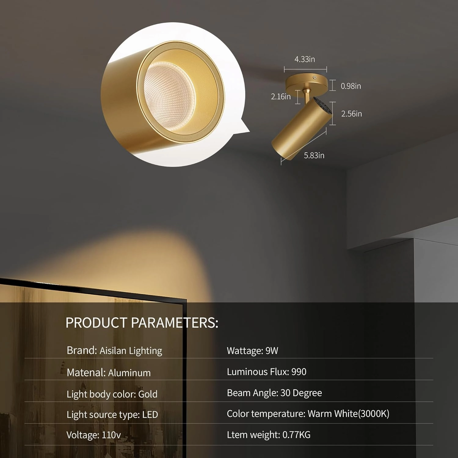 Aisilan 9W LED Gold Directional Dimmable Ceiling Spotlight Indoor, Anti-Glare Adjustable Angle Wired Spot Light for Picture, Bedroom and Kitchen - Warm Light 3000K, CRI 97 Flicker-Free