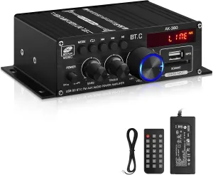 AK-380 USB SD BT.C FM AUX Audio Power Amplifier 400W 400W 2.0 CH HiFi Stereo AMP Speaker Bluetooth 5.0 Amp Receiver with 12V 5A Power Supply,Remote Control,FM Antenna for Car Home Bar Party