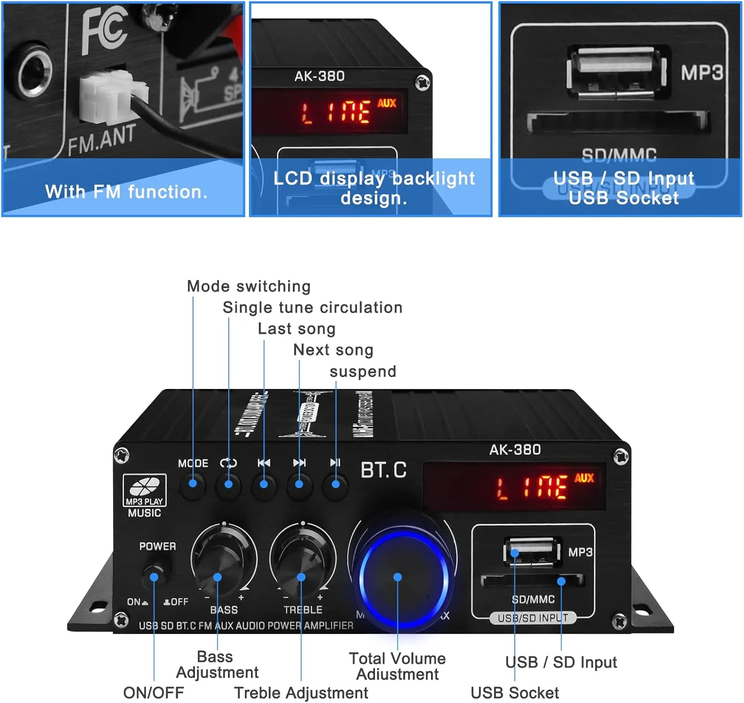 AK-380 USB SD BT.C FM AUX Audio Power Amplifier 400W 400W 2.0 CH HiFi Stereo AMP Speaker Bluetooth 5.0 Amp Receiver with 12V 5A Power Supply,Remote Control,FM Antenna for Car Home Bar Party
