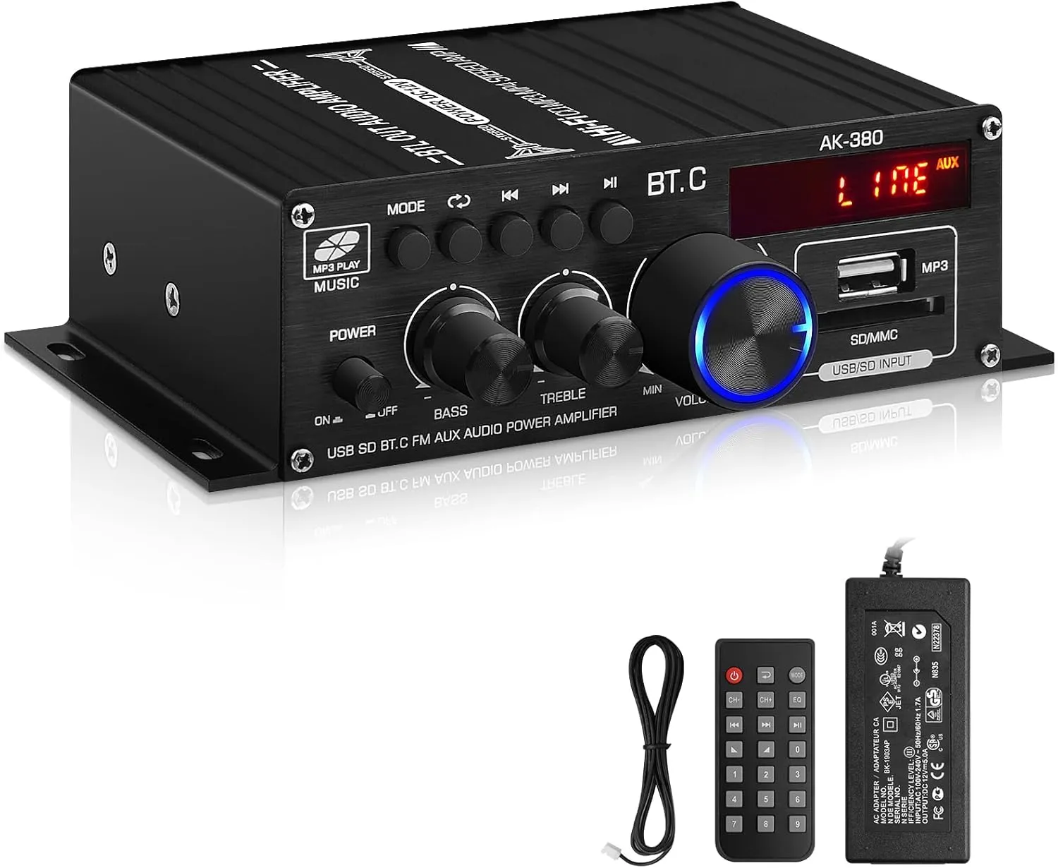 AK-380 USB SD BT.C FM AUX Audio Power Amplifier 400W 400W 2.0 CH HiFi Stereo AMP Speaker Bluetooth 5.0 Amp Receiver with 12V 5A Power Supply,Remote Control,FM Antenna for Car Home Bar Party