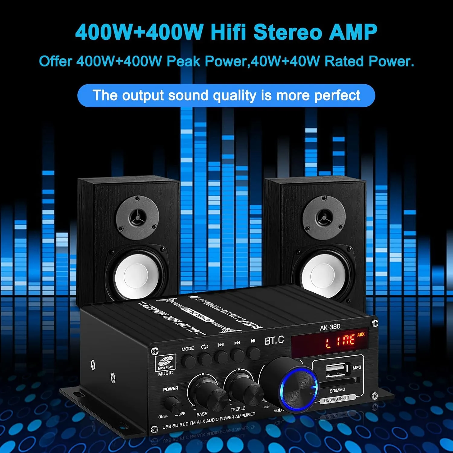 AK-380 USB SD BT.C FM AUX Audio Power Amplifier 400W 400W 2.0 CH HiFi Stereo AMP Speaker Bluetooth 5.0 Amp Receiver with 12V 5A Power Supply,Remote Control,FM Antenna for Car Home Bar Party