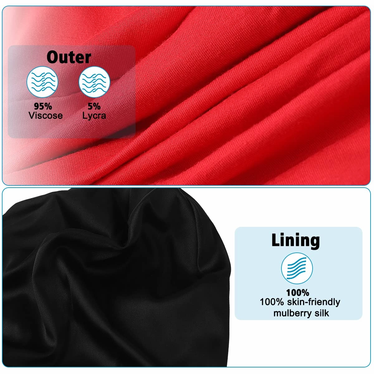 ALASKA BEAR - Natural Silk Lined Sleep Cap Hair Bonnet Slouchy Beanie Head Wrap Scarf Hat for Curly Dry Hair/Medium Length/Semi Thick Hair, Versatile & Adjustable, Unisex(Red)