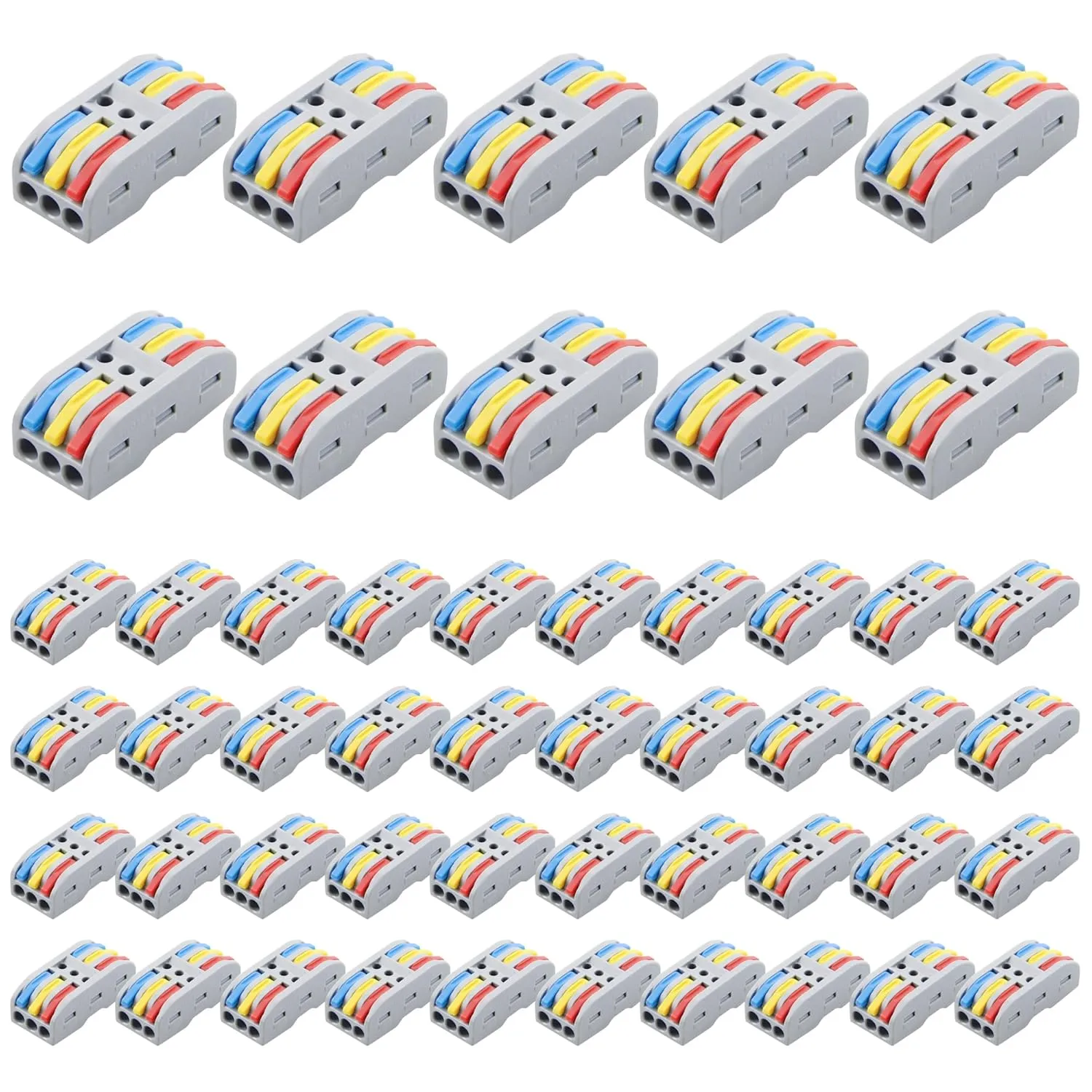 ALITOVE Electrical Connectors 50pcs Quick Connect 3 Wire Connectors Push in Lever Nuts Compact Inline Splice Terminals for Wire Splicing Project, 28-12 AWG, 3 in 3 Out