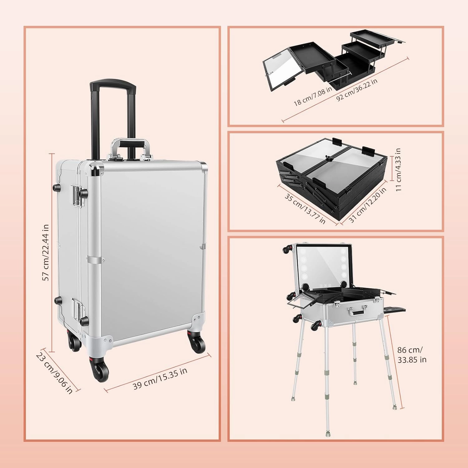 Aluminum Trolley Makeup Train Case with Led Light Rolling Makeup Case with Legs Suitcase Vanity with Lights with Stand Mirror Makeup Vanity Station