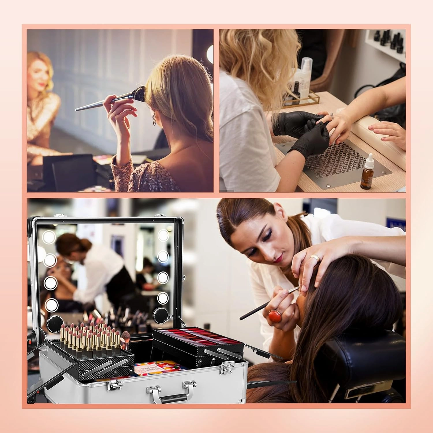 Aluminum Trolley Makeup Train Case with Led Light Rolling Makeup Case with Legs Suitcase Vanity with Lights with Stand Mirror Makeup Vanity Station