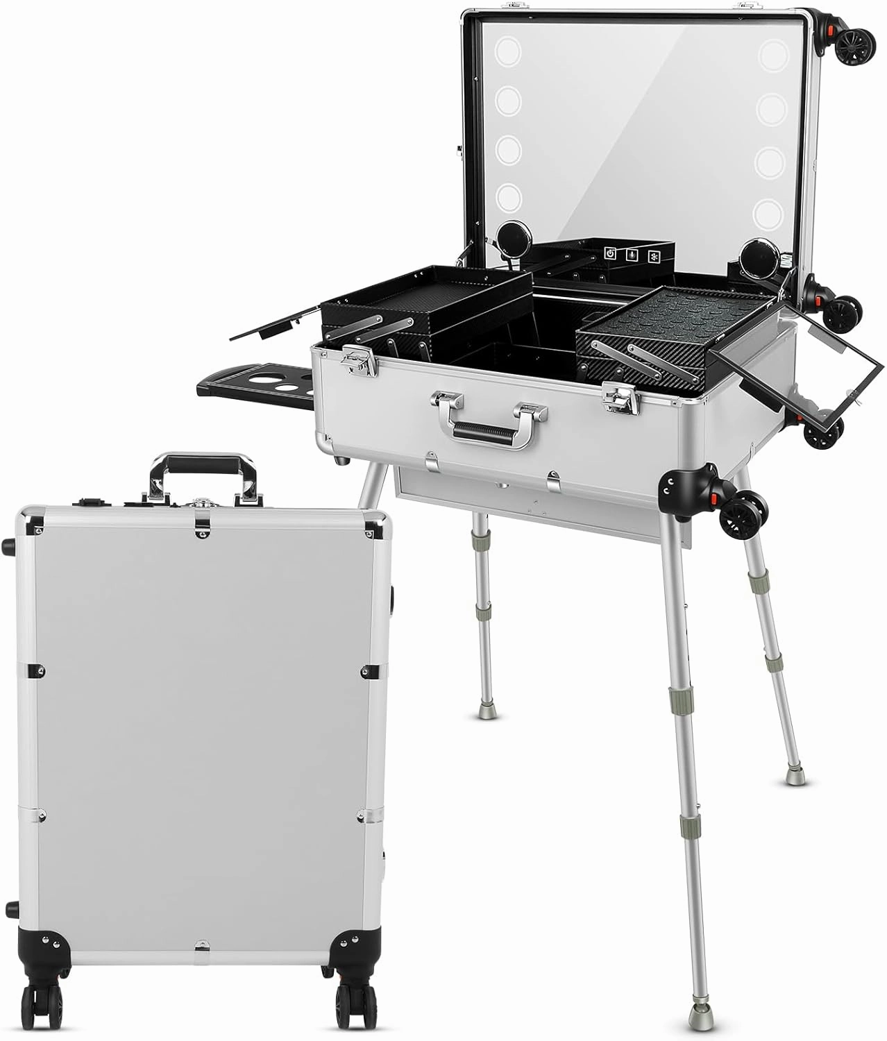 Aluminum Trolley Makeup Train Case with Led Light Rolling Makeup Case with Legs Suitcase Vanity with Lights with Stand Mirror Makeup Vanity Station