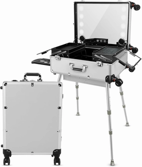 Aluminum Trolley Makeup Train Case with Led Light Rolling Makeup Case with Legs Suitcase Vanity with Lights with Stand Mirror Makeup Vanity Station