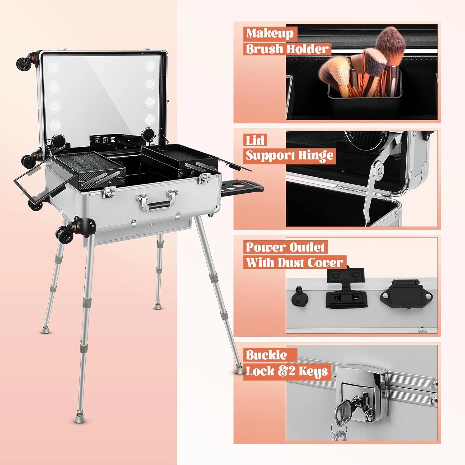 Aluminum Trolley Makeup Train Case with Led Light Rolling Makeup Case with Legs Suitcase Vanity with Lights with Stand Mirror Makeup Vanity Station