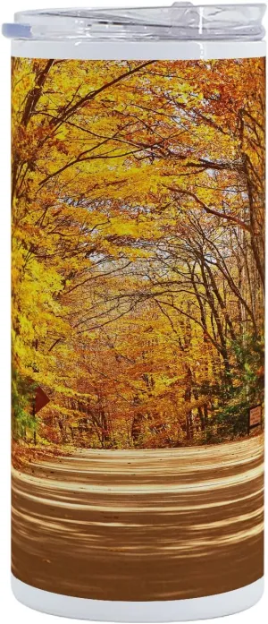 Ambesonne Fall 12 Oz Skinny Tumbler, Scenic View Outdoors Empty Roadway Surrounded with Deciduous Trees Image, Vacuum Insulated Travel Canteen Cup Leakproof for Travel Picnic, Redwood Yellow Orange