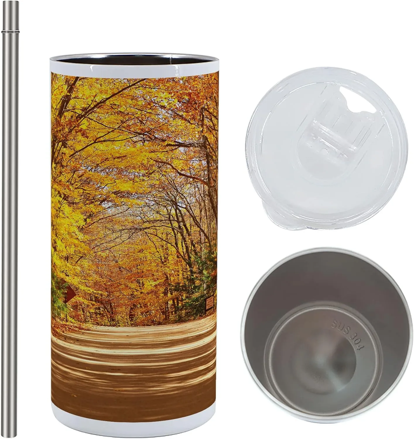 Ambesonne Fall 12 Oz Skinny Tumbler, Scenic View Outdoors Empty Roadway Surrounded with Deciduous Trees Image, Vacuum Insulated Travel Canteen Cup Leakproof for Travel Picnic, Redwood Yellow Orange