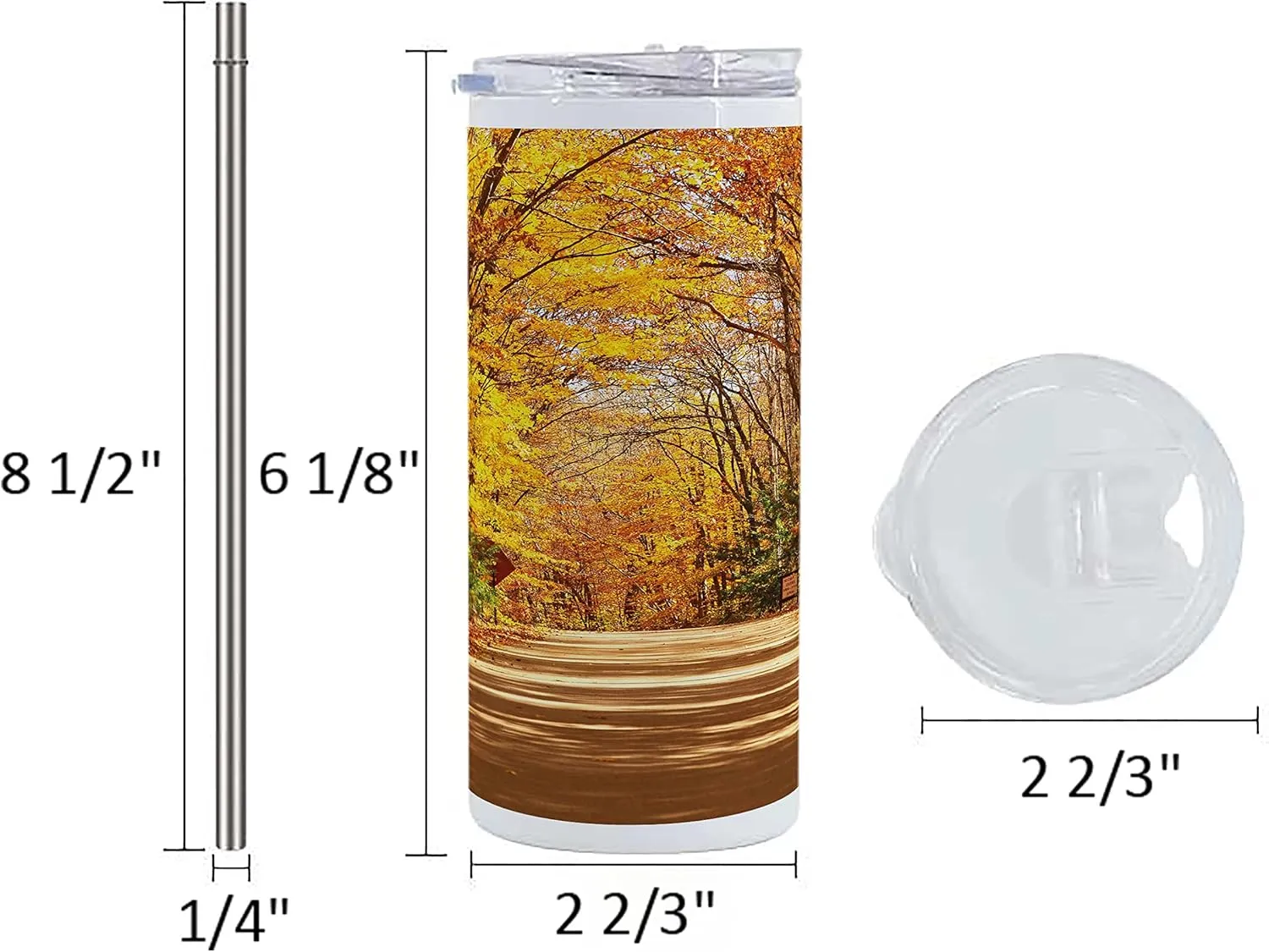Ambesonne Fall 12 Oz Skinny Tumbler, Scenic View Outdoors Empty Roadway Surrounded with Deciduous Trees Image, Vacuum Insulated Travel Canteen Cup Leakproof for Travel Picnic, Redwood Yellow Orange