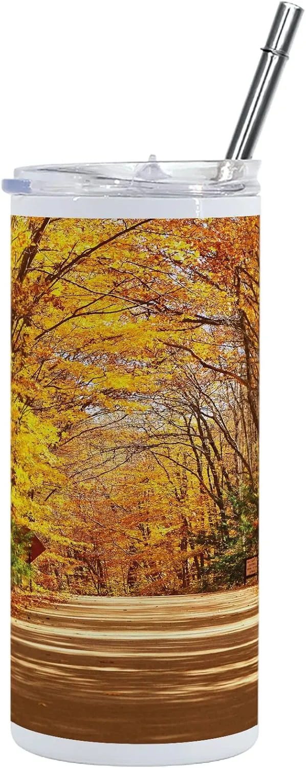 Ambesonne Fall 12 Oz Skinny Tumbler, Scenic View Outdoors Empty Roadway Surrounded with Deciduous Trees Image, Vacuum Insulated Travel Canteen Cup Leakproof for Travel Picnic, Redwood Yellow Orange