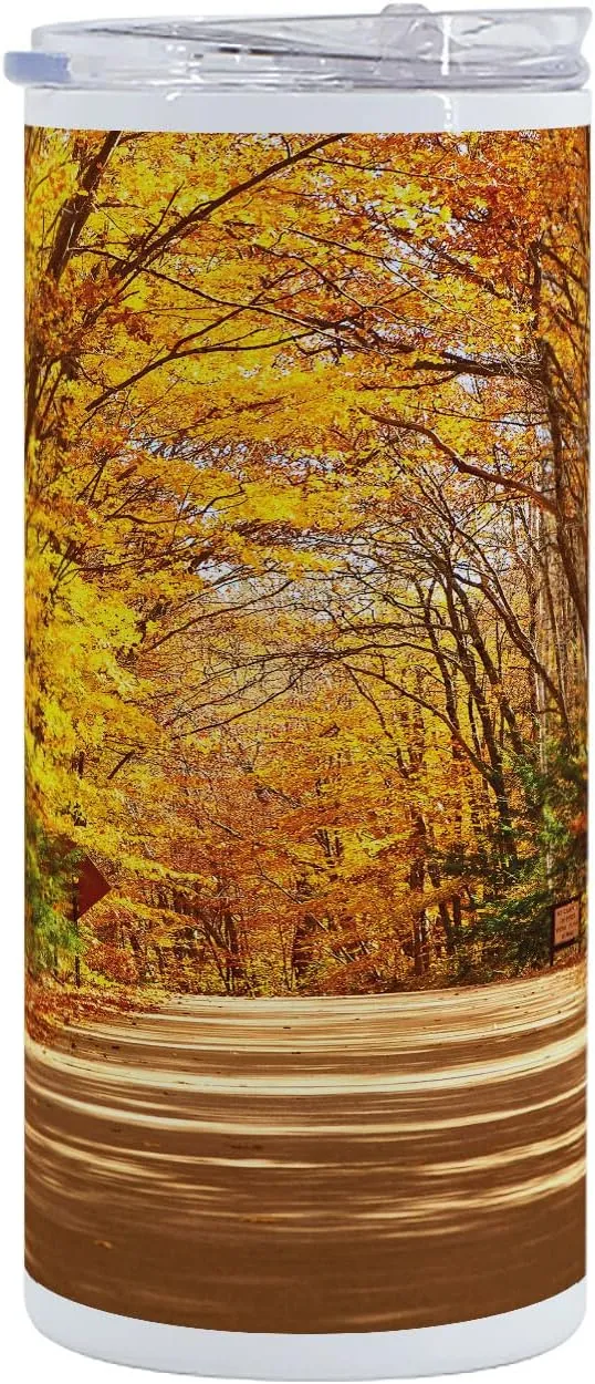 Ambesonne Fall 12 Oz Skinny Tumbler, Scenic View Outdoors Empty Roadway Surrounded with Deciduous Trees Image, Vacuum Insulated Travel Canteen Cup Leakproof for Travel Picnic, Redwood Yellow Orange