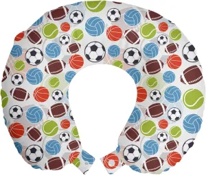 Ambesonne Sport Travel Pillow Neck Rest, Sports Balls Pattern Abstract Basketball Football Volleyball Tennis Colorful Elements, Memory Foam Traveling Accessory for Airplane and Car, 12", Blue Grey